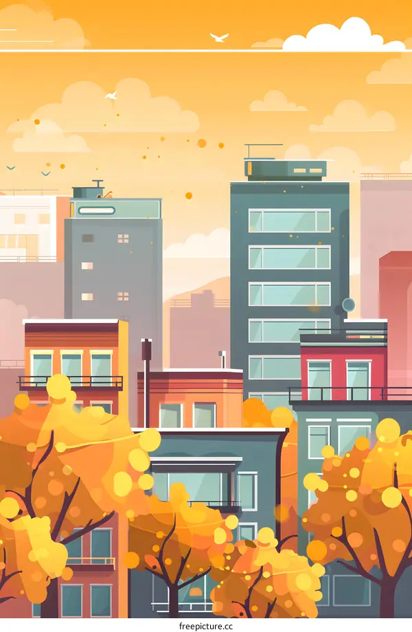 Autumn Cityscape with Yellow Trees and Buildings