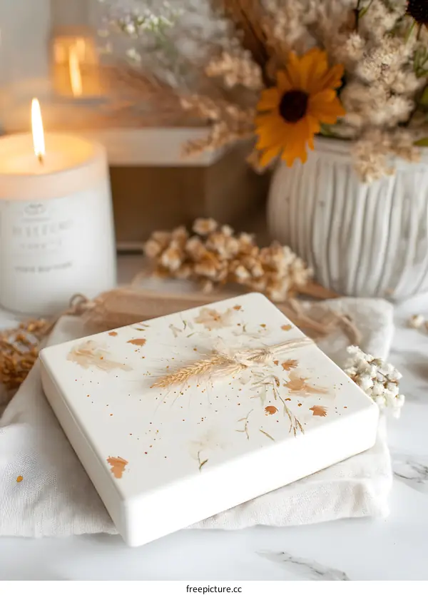 White Box With Dried Flowers and Wheat