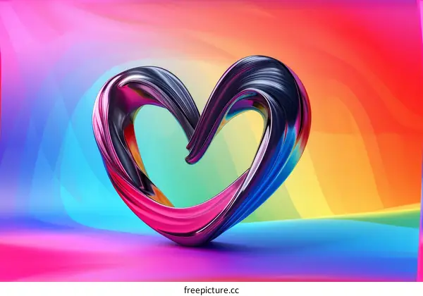 A 3D rendering of a heart shape with a rainbow background