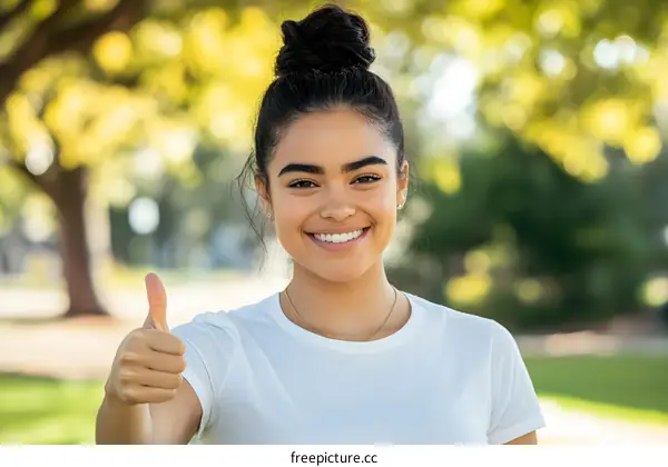 Smiling Young Woman Giving Thumbs Up in Park