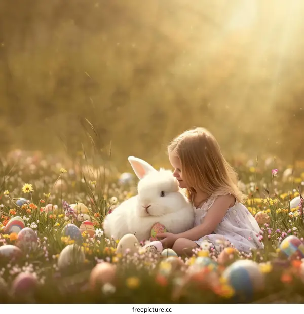 Little girl with a rabbit in a field of flowers