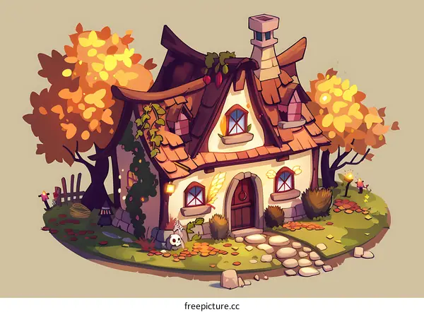 Cute Cartoon Cottage Illustration With Autumn Leaves