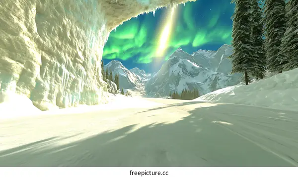 Aurora Borealis Over Snowy Mountain Range