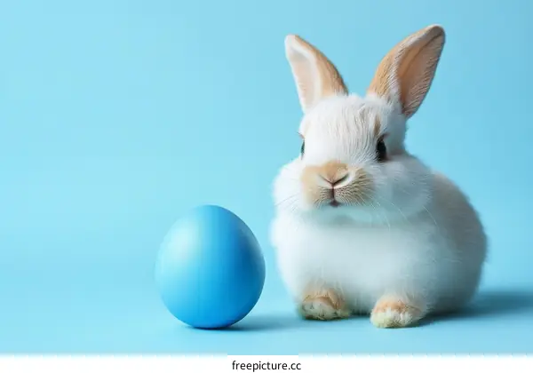 Easter Bunny and Blue Egg on a Light Blue Background
