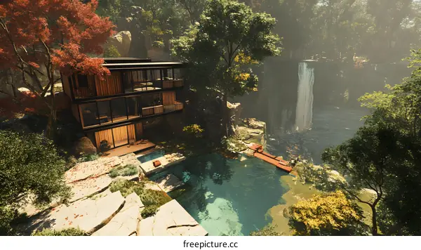 Modern House with Waterfall and Swimming Pool in Forest