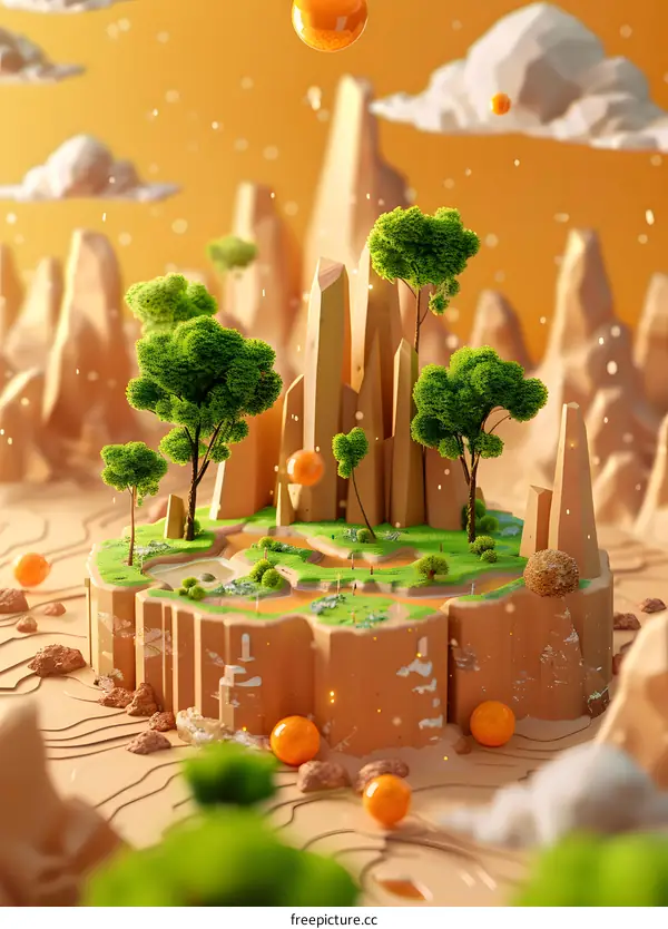 Low Poly 3D Illustration of a Small Green Island with Trees and Orange Spheres