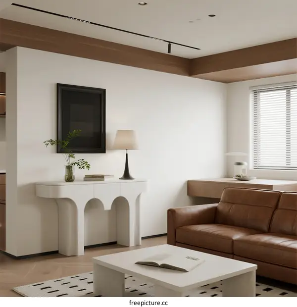 Modern Living Room with Brown Leather Sofa and White Furniture