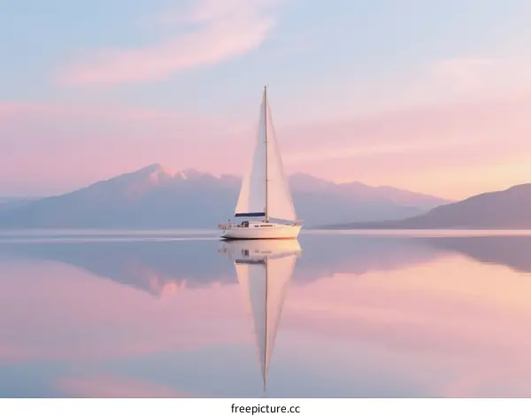 Sailboat on calm water with mountain range in background during sunset