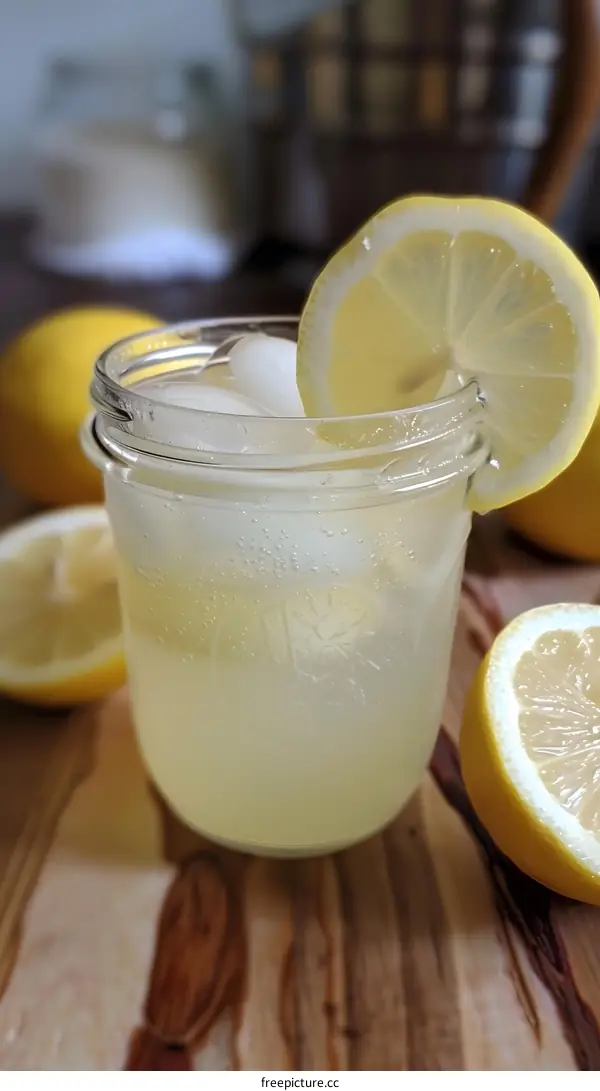Refreshing Lemonade with Ice and Lemon Slices in a Glass Jar on a Wooden Surface