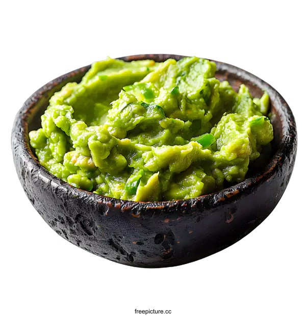 [Transparent Background PNG]Homemade fresh green guacamole in a ceramic bowl