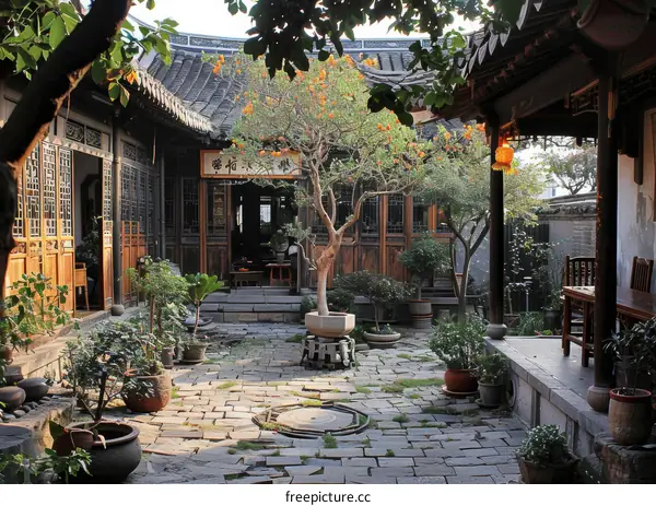 Courtyard with a tree and potted plants