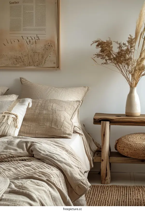 Neutral bedroom decor with natural textures and colors