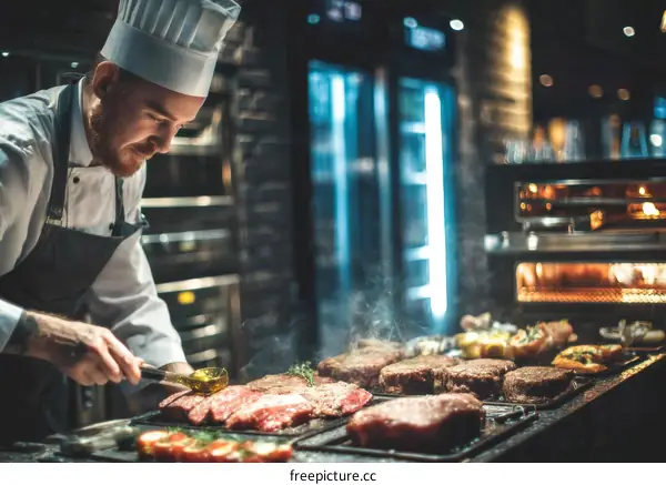 Chef preparing high quality grilled steaks in restaurant kitchen