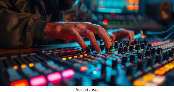Sound engineer working at a mixing console in a recording studio