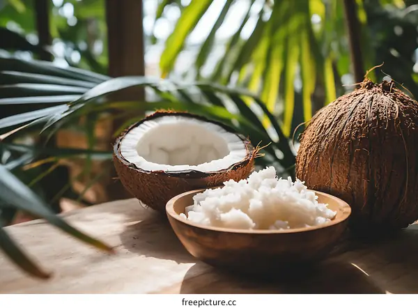 Fresh Coconut Cut Open and Grated On A Wooden Table