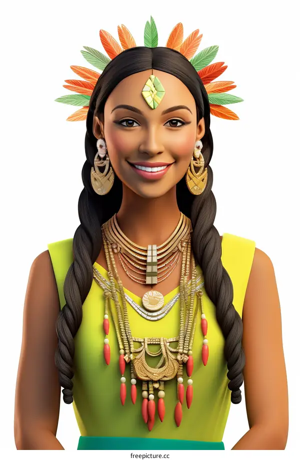 Portrait of a smiling young woman wearing a traditional headdress and jewelry