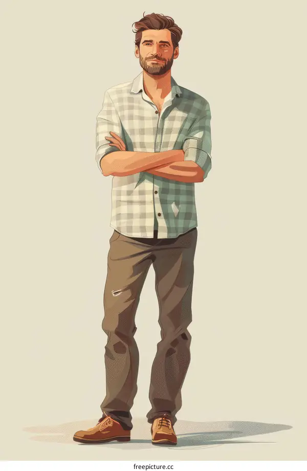 A man with beard wearing a plaid shirt and brown pants