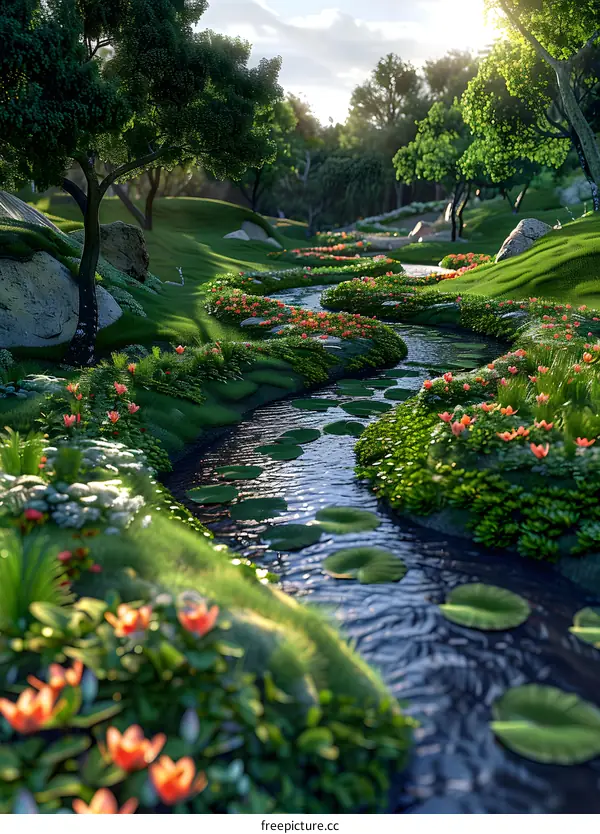 A river flows through a lush green forest