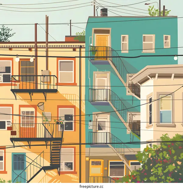 Colorful Buildings with Fire Escapes