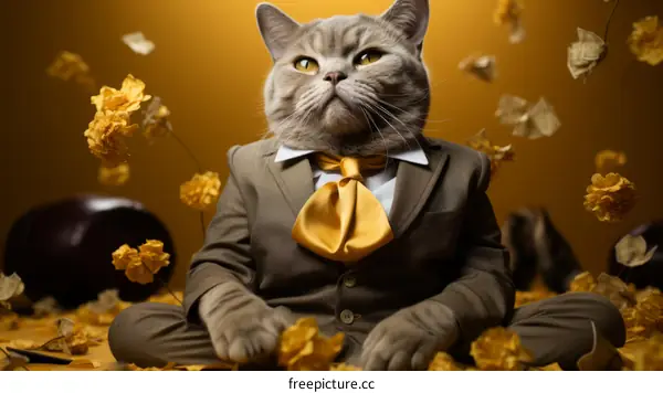 British Shorthair Cat in Suit and Tie Among Yellow Flowers