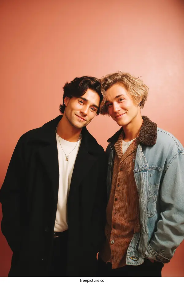 Two Men in Stylish Casual Wear Against a Pink Background