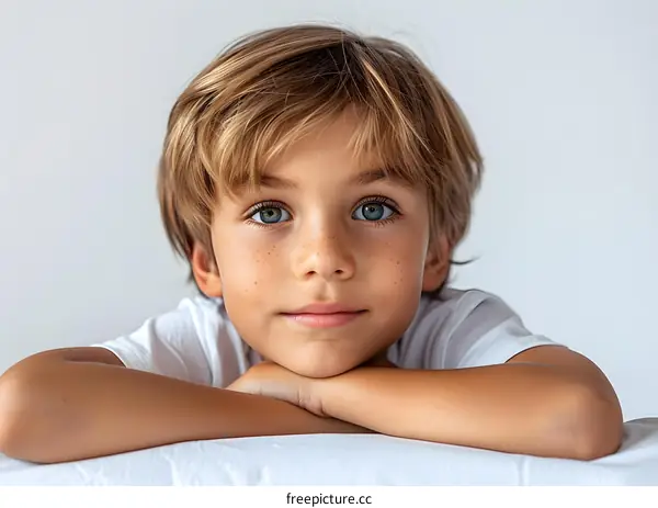 Portrait of Young Boy with Blue Eyes and Freckles