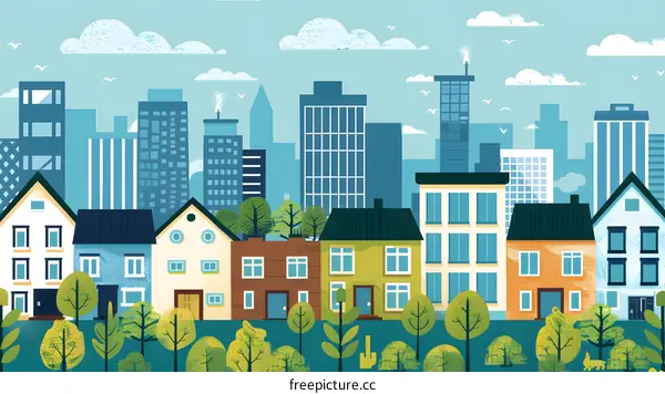 Colorful Cityscape Illustration with Buildings and Trees