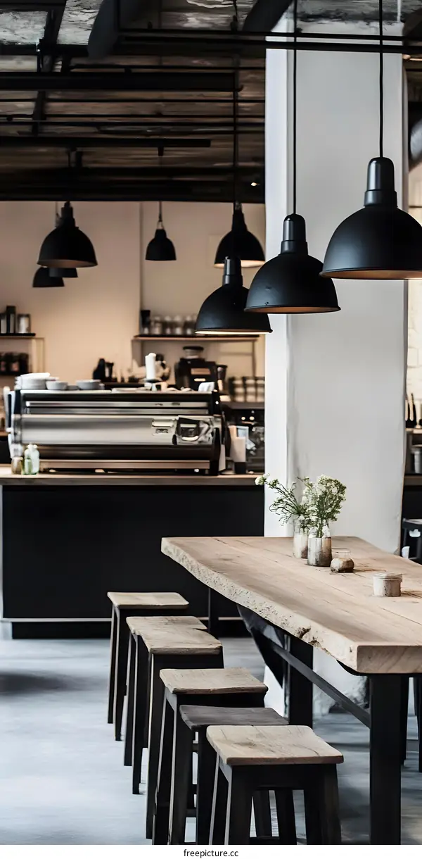 Modern Cafe Interior Design With Wooden Table And Stools