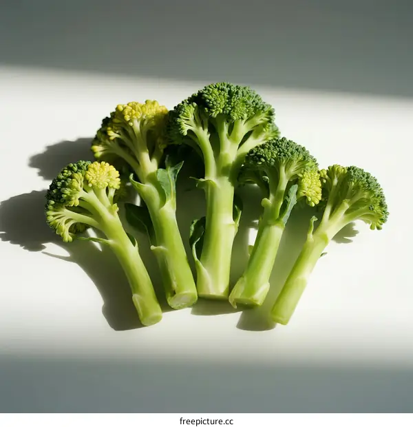 Fresh green broccoli florets on white background
