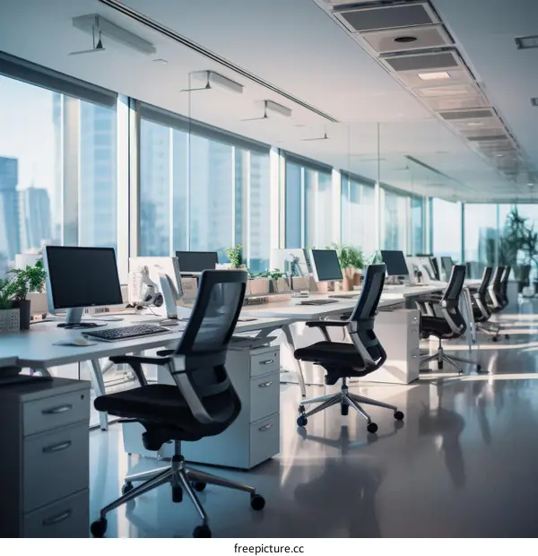Modern Office Space with Vacant Workstations and Expansive Windows