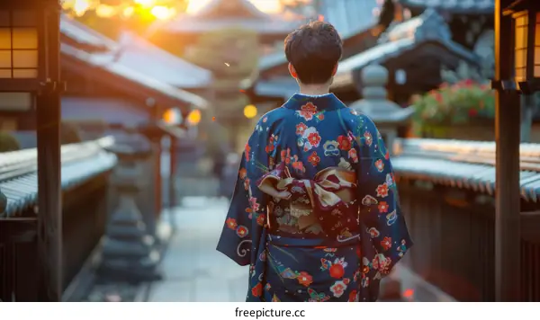 A woman wearing a kimono walks through a traditional Japanese village