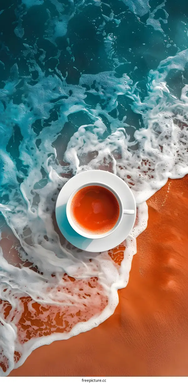 Seafoam and Coffee Cup on Sandy Beach