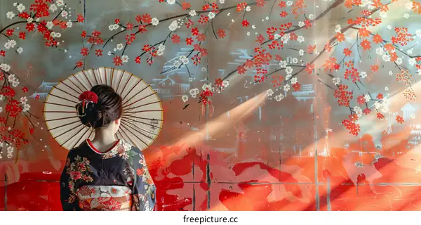 A woman in a kimono standing in front of a wall with a cherry blossom pattern