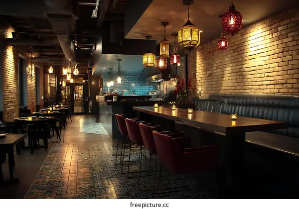 Stylish Restaurant Interior Design with Brick Walls and Trendy Lighting