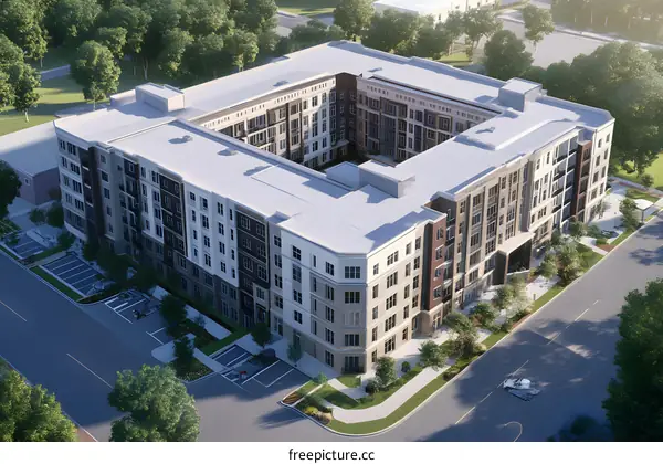 Aerial View of Modern Apartment Building with Square Courtyard
