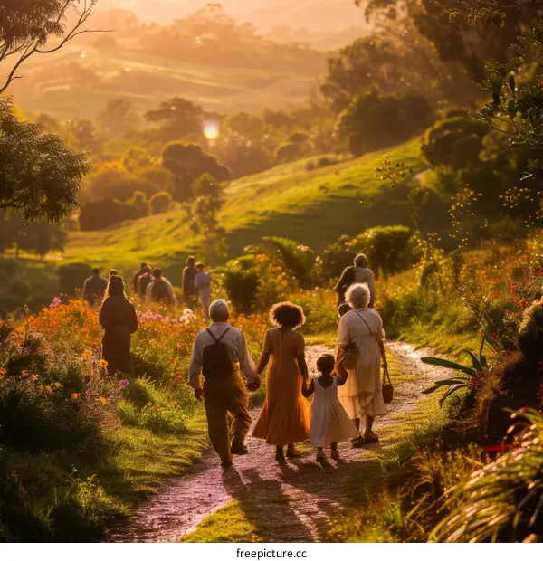 People walking on a path in a rural setting