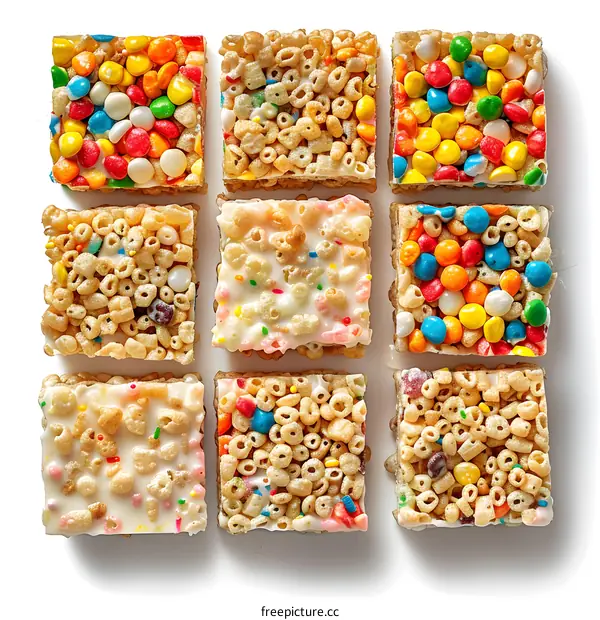 Nine squares of colorful cereal treats