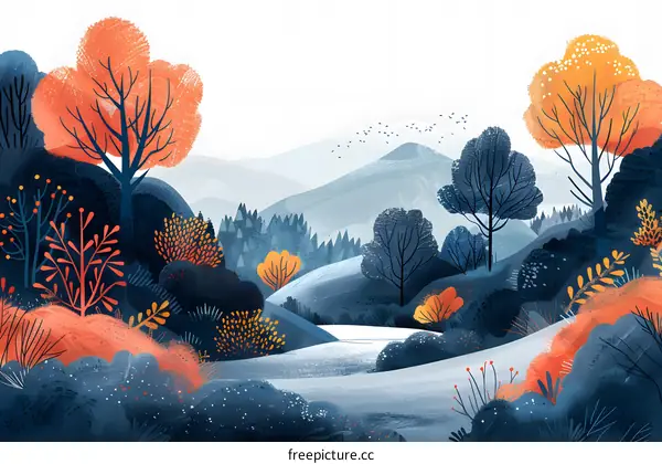 Autumn Landscape Illustration With Blue Hills and Trees