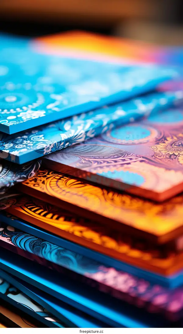 A Stack of Colorful Books with Detailed Patterns