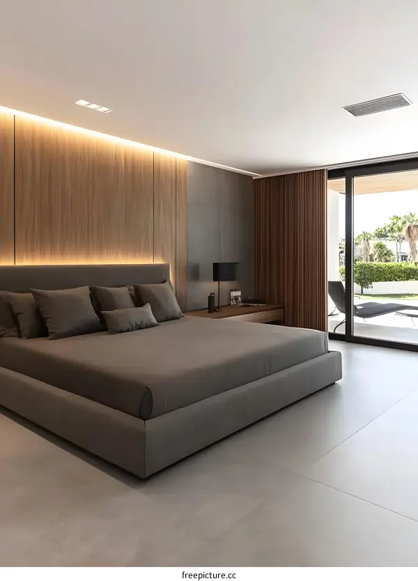 Modern Minimalist Bedroom Interior Design with Grey Floor and Wooden Wall