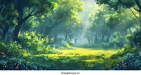 fantasy forest glade clearing in the rays of the rising sun