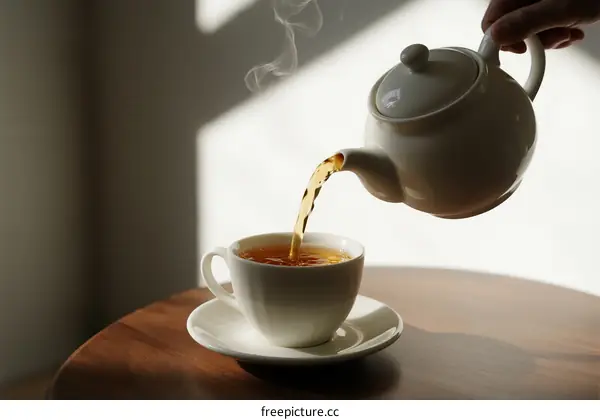 Hot Water Pouring into White Ceramic Cup from Teapot