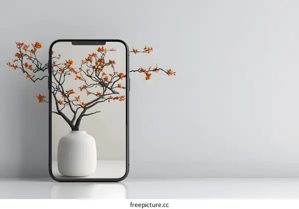 Minimalist Smartphone Display With Branch And Vase