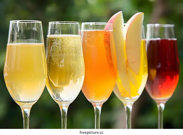Five Glasses Of Sparkling Apple Cider With Apple Slices