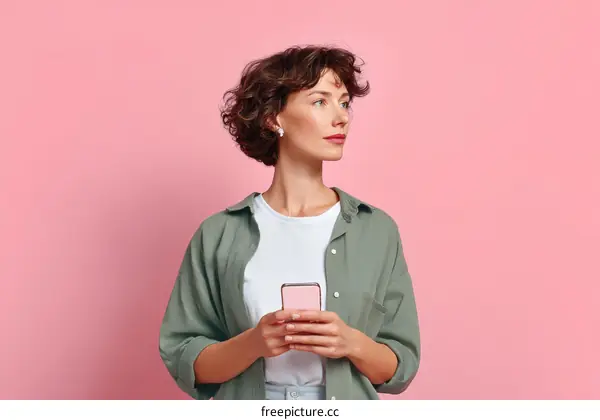 Thoughtful Woman Holding Smartphone Against Pink Background