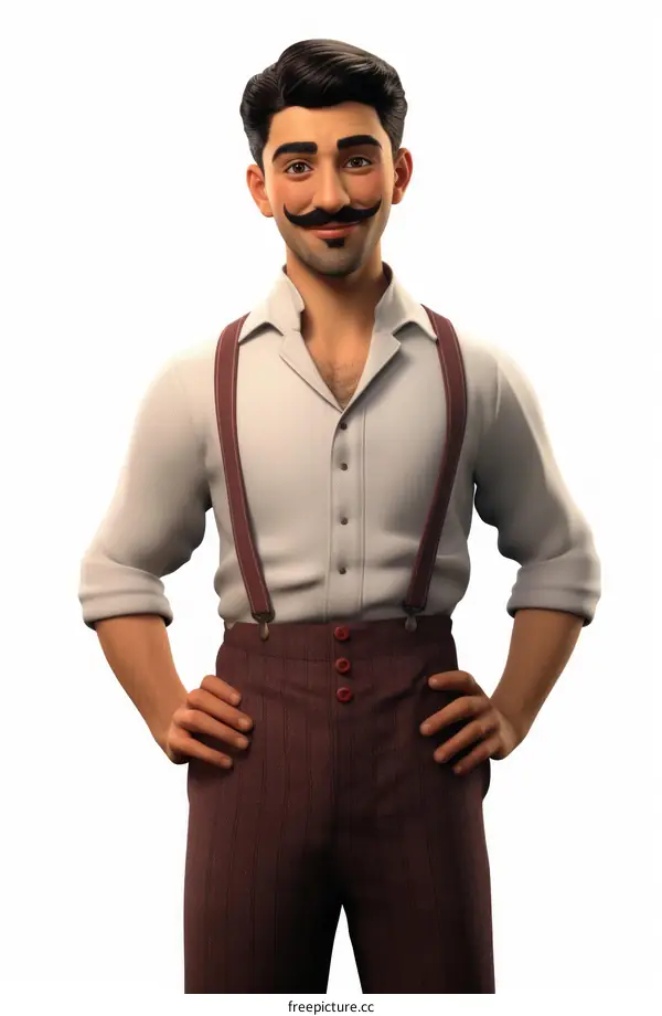 Handsome Man with Mustache and Suspenders