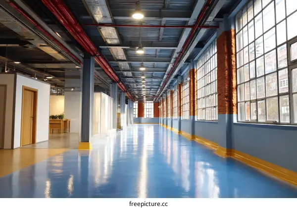 Industrial Style Office Corridor with Large Windows