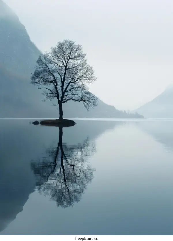 Tree in the Middle of a Lake with Mountains
