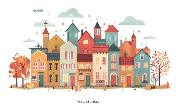 Cute Cartoon Town Illustration with Autumn Trees
