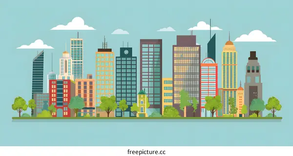 Flat Design Cityscape with Skyscrapers and Trees
